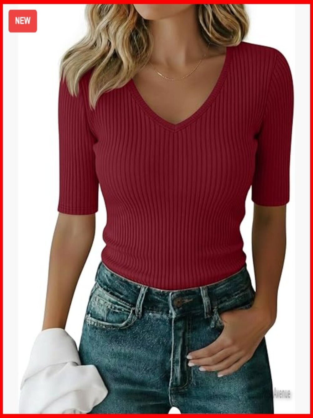 Slim Fit Ribbed Knit Half Sleeve V-Neck Cotton Tee